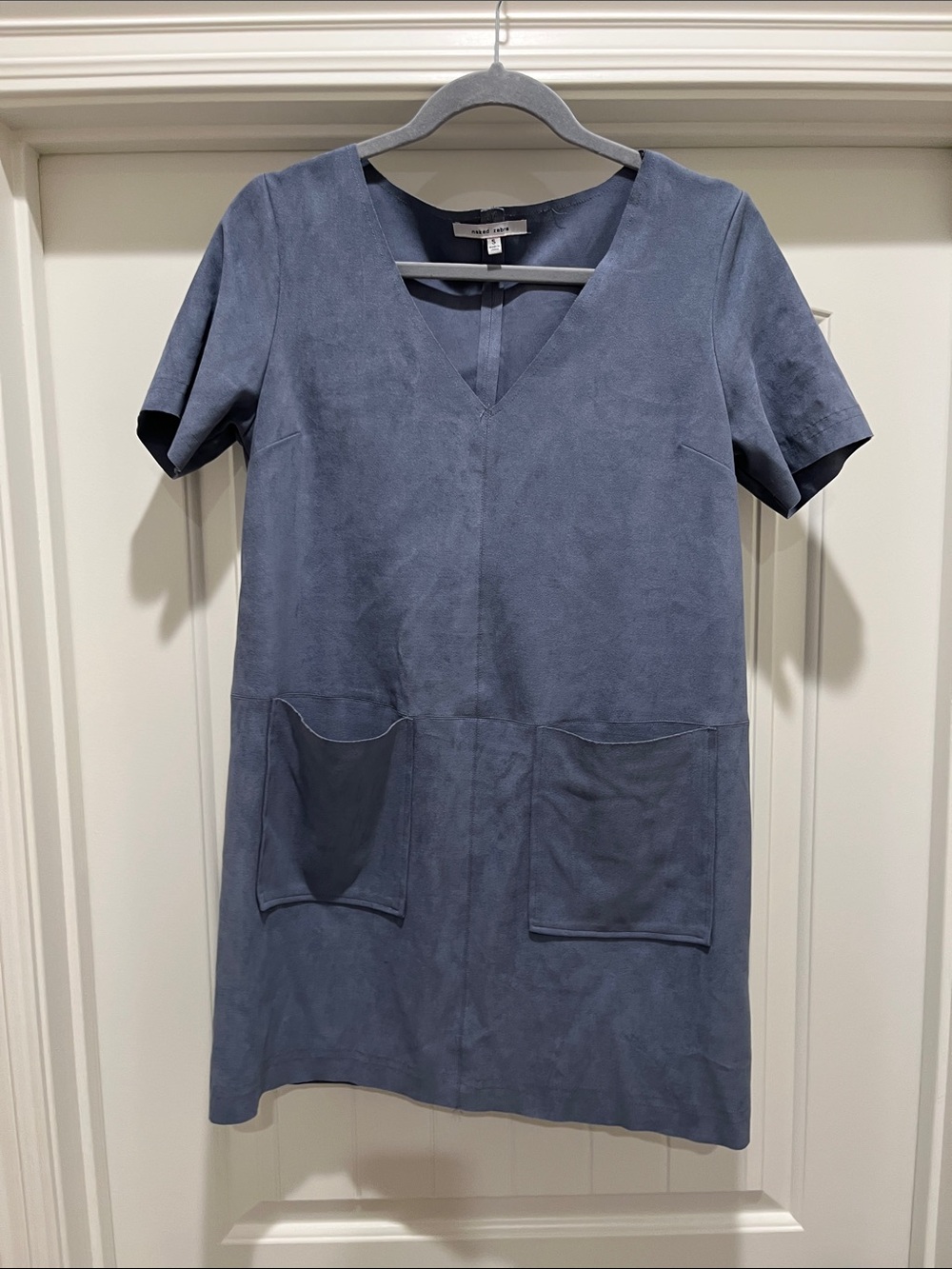Dusty Blue Suede V-Neck Short Sleeve Shift Dress